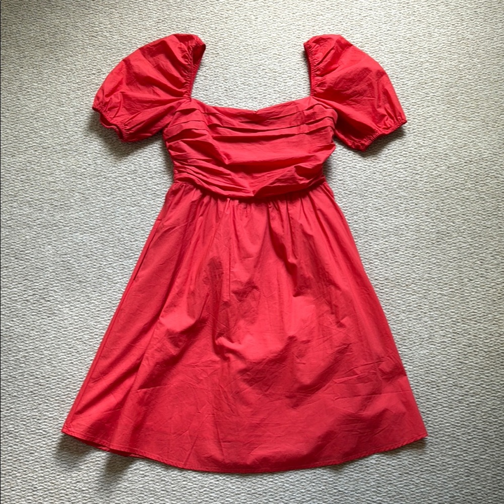 O.P.T. Coral Orange Red Puff Sleeve Knee Length 100% cotton Dress w pockets Sz M